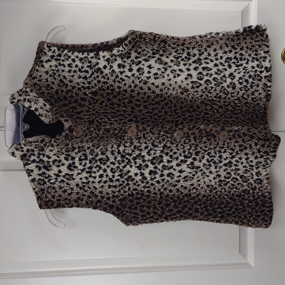 Coldwater Creek Brown Cream Cheetah Leopard Animal Print Fleece Faux Fur BU Vest - Picture 2 of 11